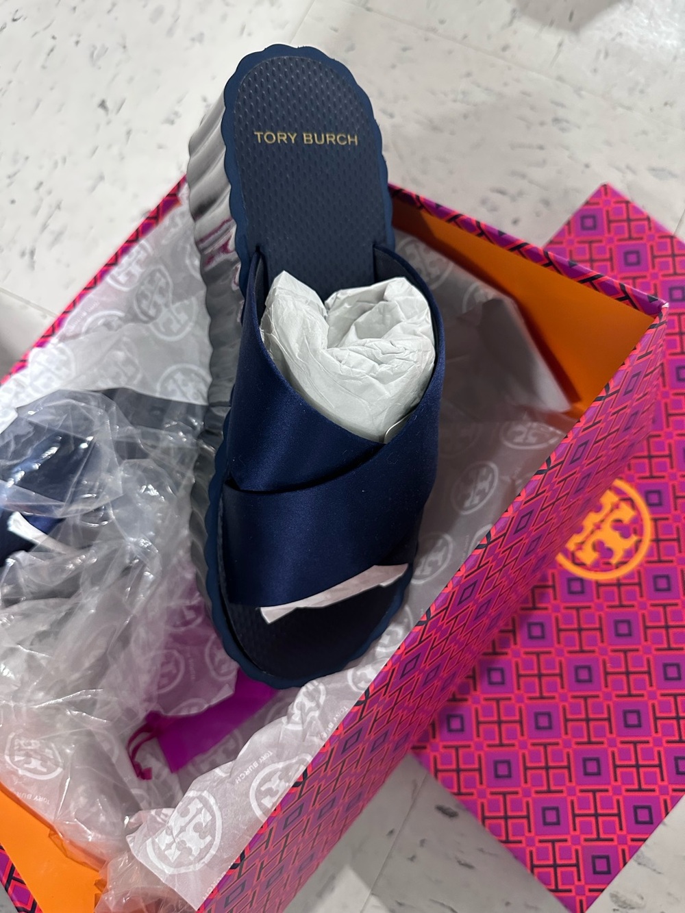 Tory Burch Navy Satin Crisscross Slide
